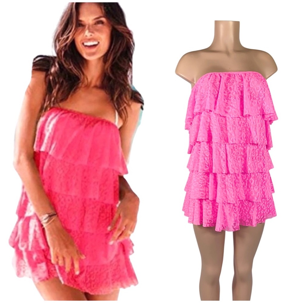 VICTORIAS SECRET BEACH SEXY LEOPARD MESH PINK TIERED RUFFLE DRESS SZ L